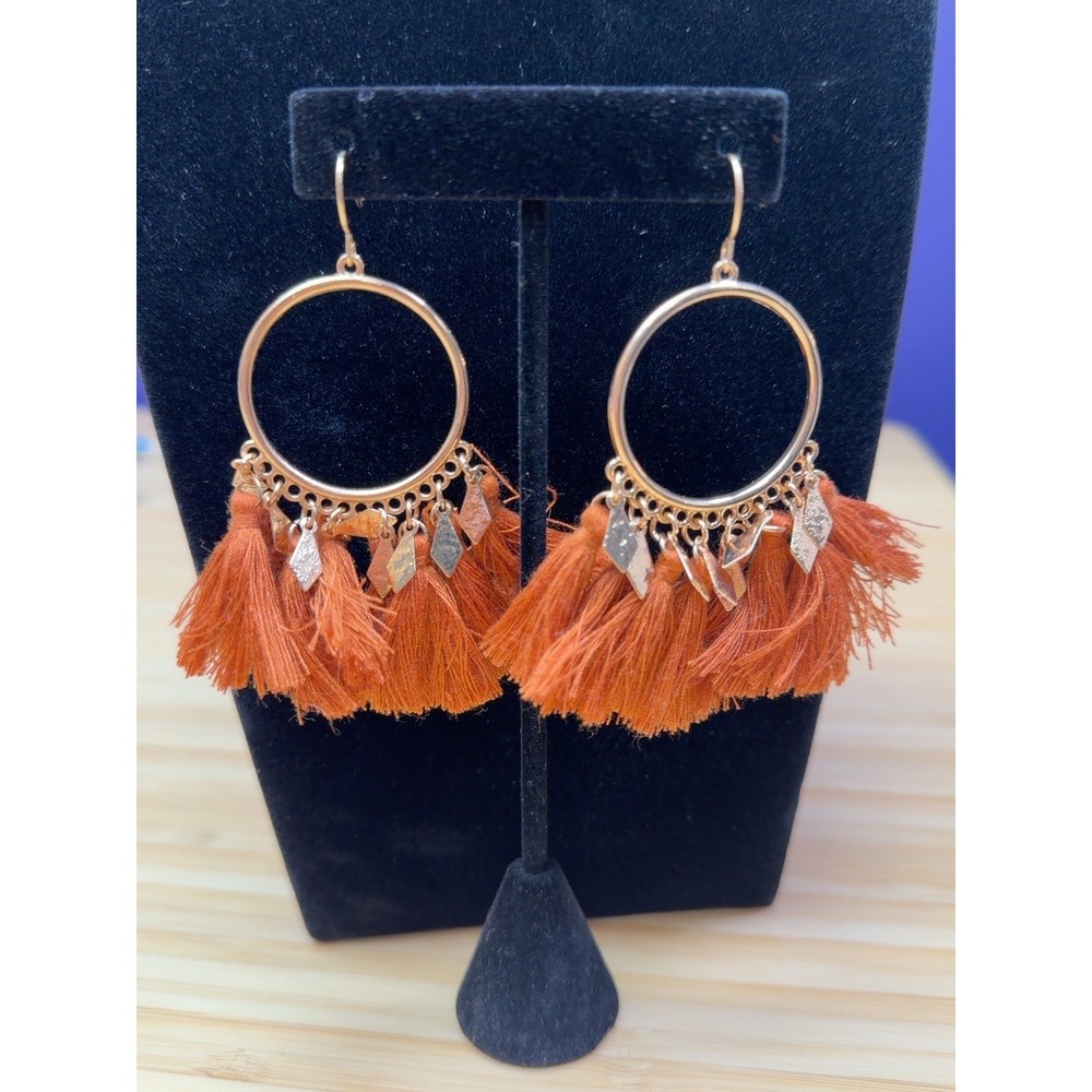 Boho Tassel Hoop Earrings Rust Orange Gold Tone Statement Dangle
